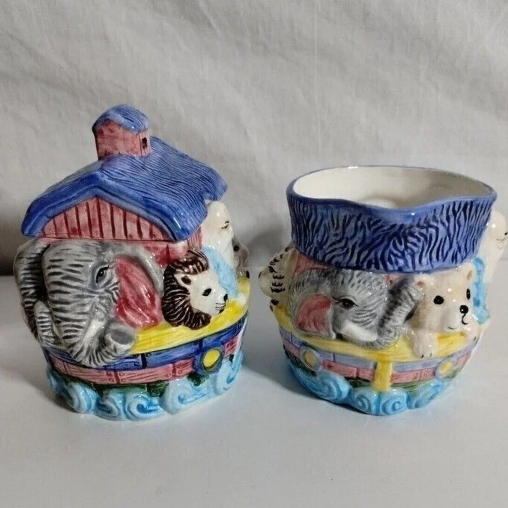 Jay Import Noahs Ark Ceramic Creamer and Sugar Bowl Set Elephant Handle Multi